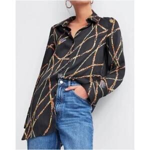 Zara TRF Tunic Top Womens M Black Chain Print Longline Button Front Modern Chic